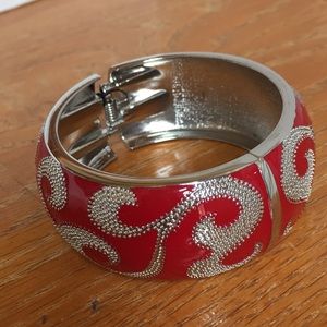 Fire engine red enamel/textured silver/hinge clasp